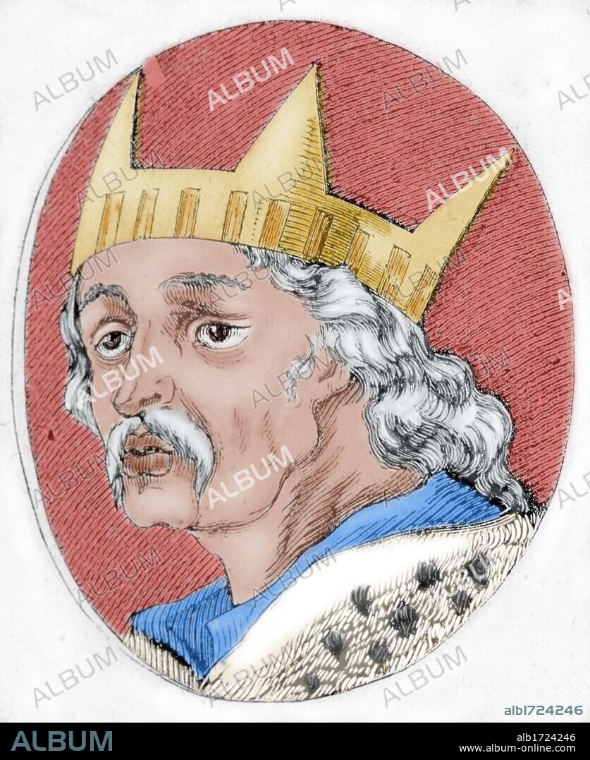 ALFONSO VI (1040-1109). Rey de León y Castilla, hijo de Fernando I y su esposa Sancha. Fue designado por su padre, rey de León. Luchó contra sus hermanos para conseguir Galicia y Castilla. S. XI-XII (S. XI-S. XII). Grabado coloreado del siglo XIX.