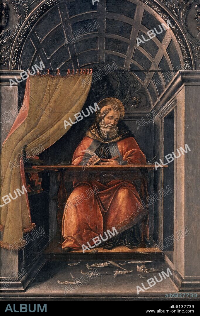 SANDRO BOTTICELLI. SAN AGUSTIN EN SU CELDA - 1490-1494 - TEMPLE/TABLA - 41 x 27 cm - RENACIMIENTO ITALIANO.