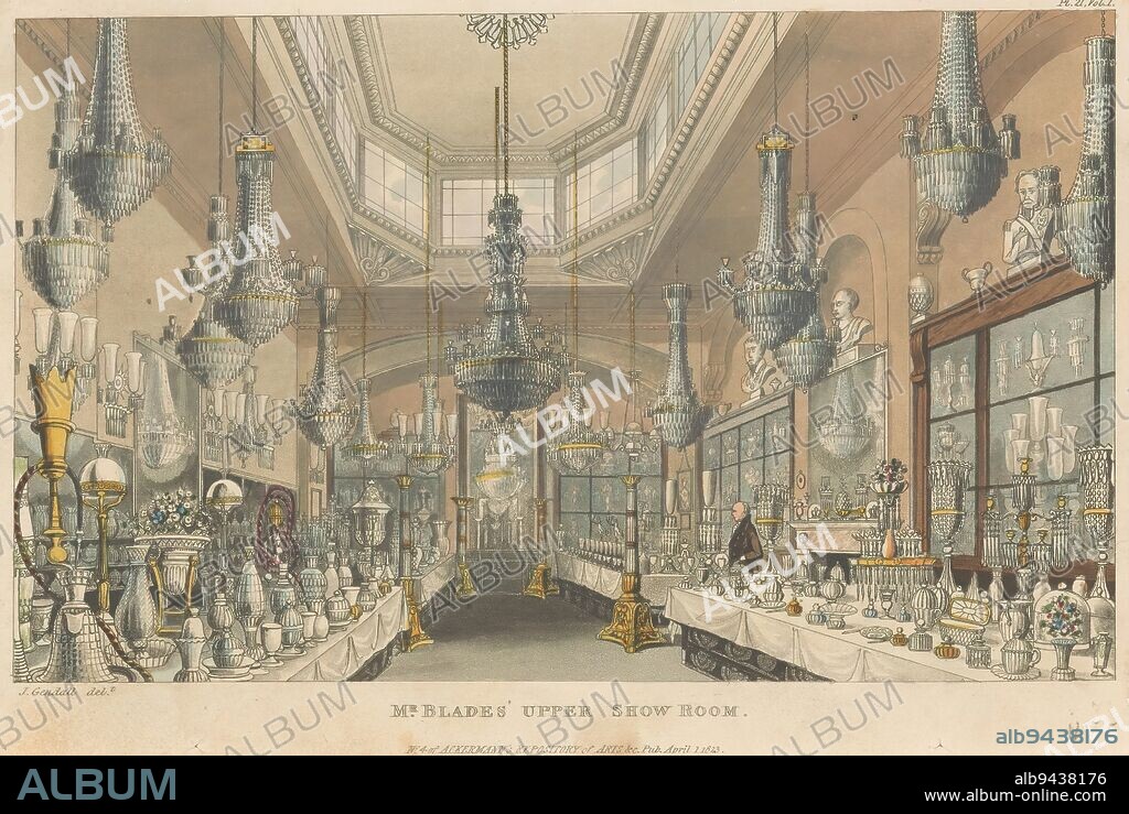 Showroom of John Blades in London, Mr. Blades' Upper Show Room (title on object), Room with tables and display cases full of glassware and glass chandeliers attached to ceiling. Numbered in the upper right: Pl. 21, Vol. I., print maker: anonymous, after design by: John Gendall, (mentioned on object), publisher: Rudolph Ackermann, (mentioned on object), London, Apr-1823, paper, etching, height 140 mm × width 232 mm.