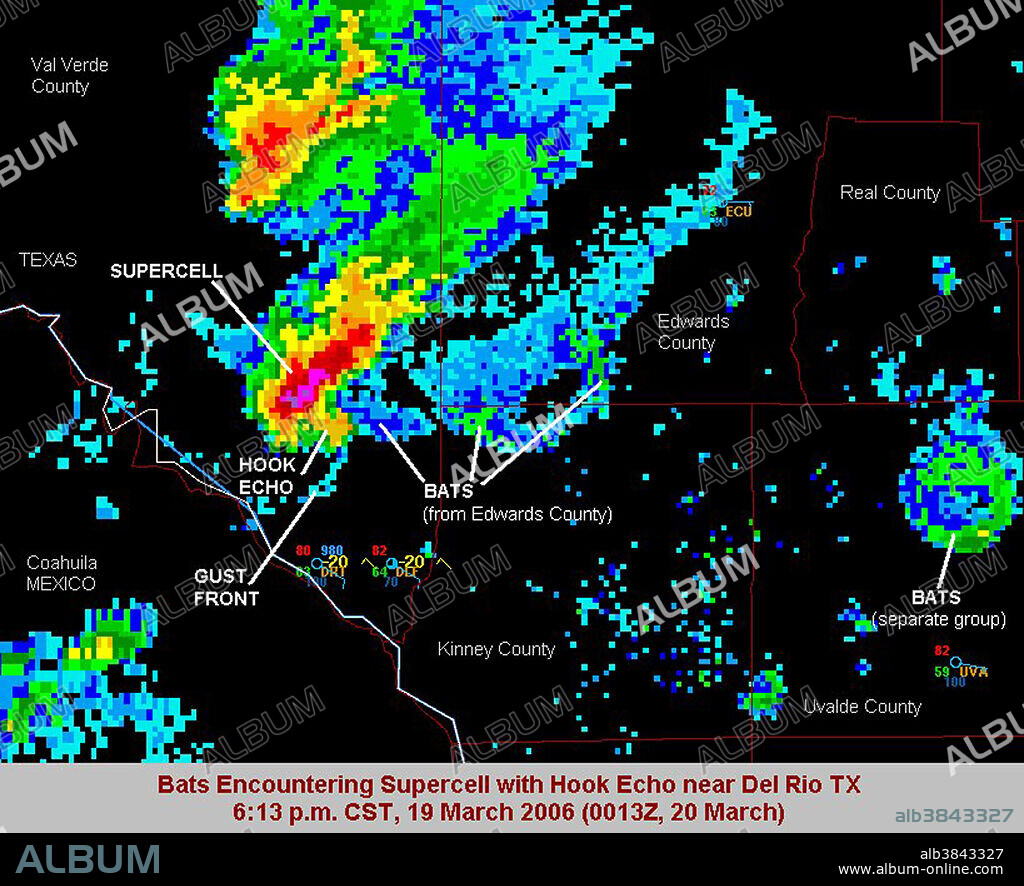 Bats encountering supercell thunderstorm with hook echo indicative of tornado. Del Rio, Texas. March 19, 2006. The hook echo is one of the classical hallmarks of tornado-producing supercell thunderstorms as seen on a weather radar. The echo is produced by rain, hail, or even debris being wrapped around the supercell. The National Weather Service considers the presence of a hook echo as sufficient to justify issuing a tornado warning. A supercell is a thunderstorm that is characterized by the presence of a mesocyclone: a deep, continuously-rotating updraft.