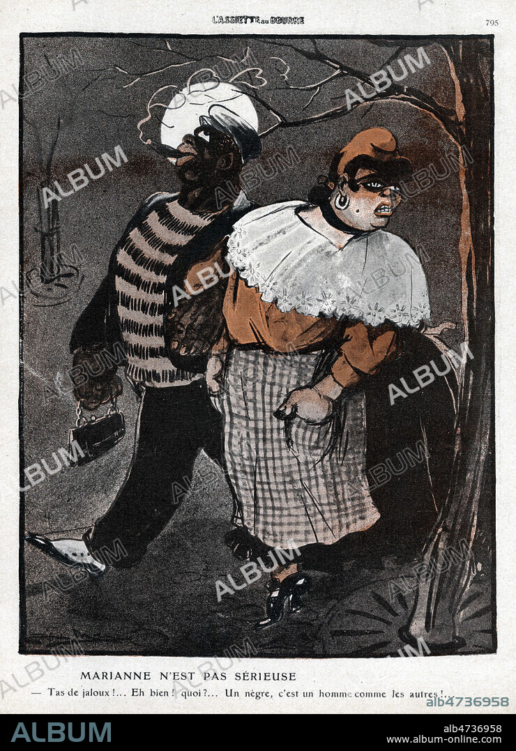 Tas de jaloux, Un negre c'est un homme comme les autres ! (Hegesippe Jean LEGITIMUS (1868-1944) et Marianne). Caricature de Leal de CAMARA pour 'Legitimus' l'Assiette au Beurre du 6 mars 1909. Credit Collection KHARBINE TAPABOR.