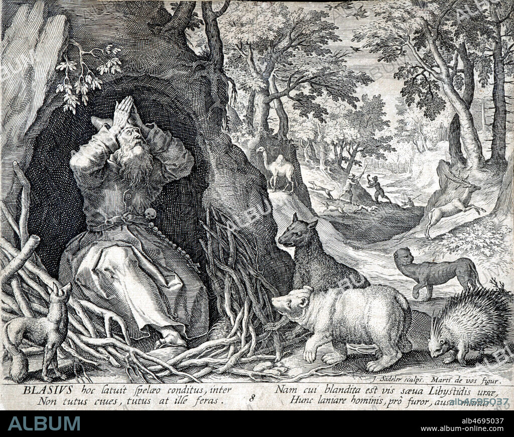 Saint BLAISE, ermite qui vit dans une grotte dans la foret et qui est nourri par les oiseaux. Lorsqu'il prie, les animaux s'attrouppent autour de lui et ne repartent que lorsqu'ils ont ete benis. Gravure de Jean et Raphael SADELER et illustration de Martin de VOS du XVIeme siecle. MENTION OBLIGATOIRE: BMIU-Clermont-Ferrand / photo Grob - Kharbine-Tapabor.
