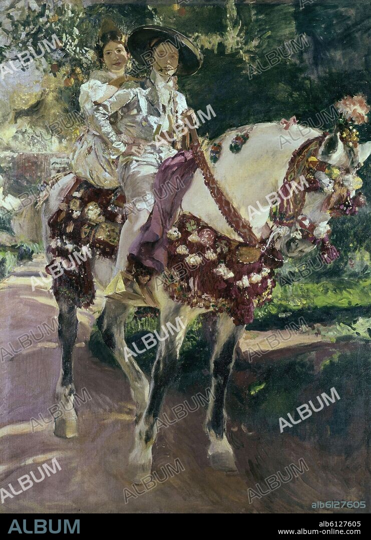 JOAQUIN SOROLLA. 'Mis hijas Elena y María a caballo con trajes valencianos', 1908, Oleo sobre lienzo, 255 x 185 cm.