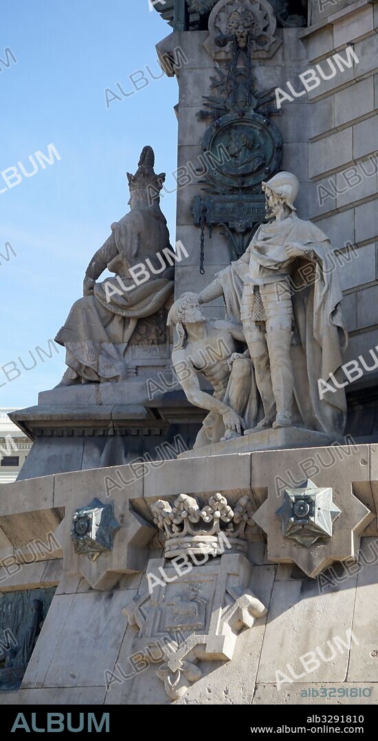 The Columbus Monument (Monumento a Colón or Mirador de Colón) a 60 m (197 ft) tall monument to explorer, Christopher Columbus at the lower end of La Rambla, Barcelona, Catalonia, Spain. Erected in 1888, in honour to Columbus first voyage to the Americas.