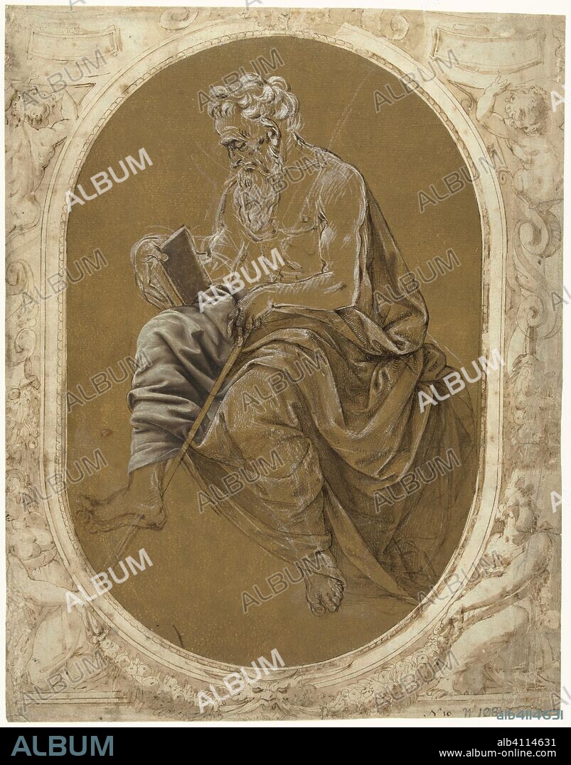 Study for a reading apostle or evangelist, stuck in a frame with putti with cartouches and female figures with festoons. Draughtsman: Lorenzo di Credi. Draughtsman: Francesco Salviati (attributed to). Dating: c. 1470 - c. 1537 and/or c. 1520 - c. 1563. Measurements: h 390 mm × w 257 mm × h 435 mm × w 343 mm.