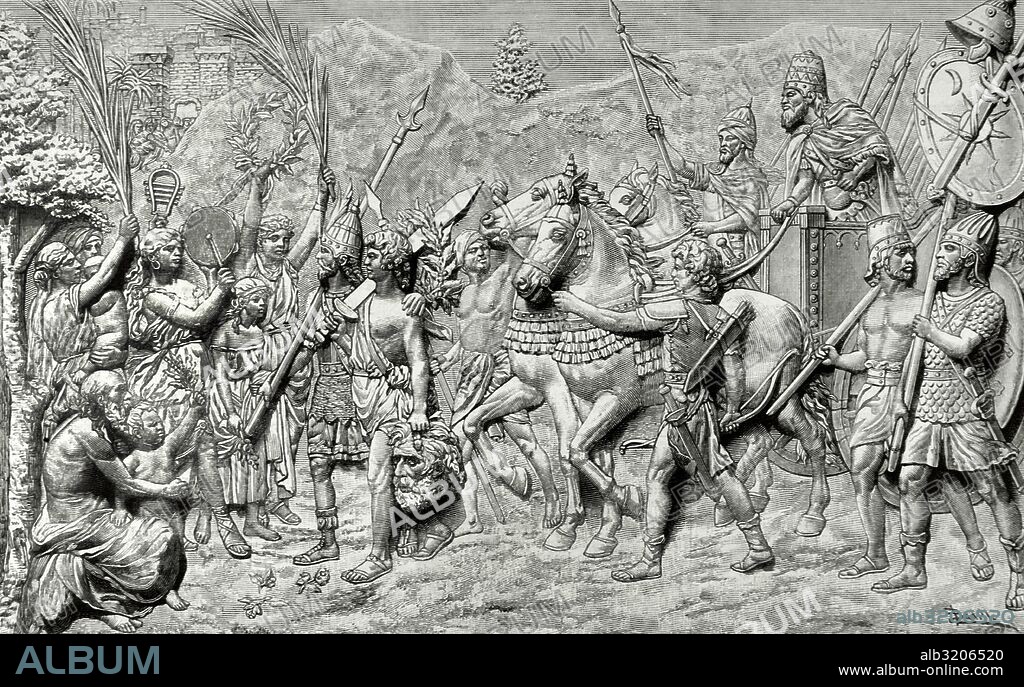 ANTIGUO TESTAMENTO. Entrada triunfal de David a Jerusalén, tras matar a Goliat. Después se convertiría en rey de Judá e Israel. Grabado por Capuz. La Ilustración Española y Americana, 1886.
