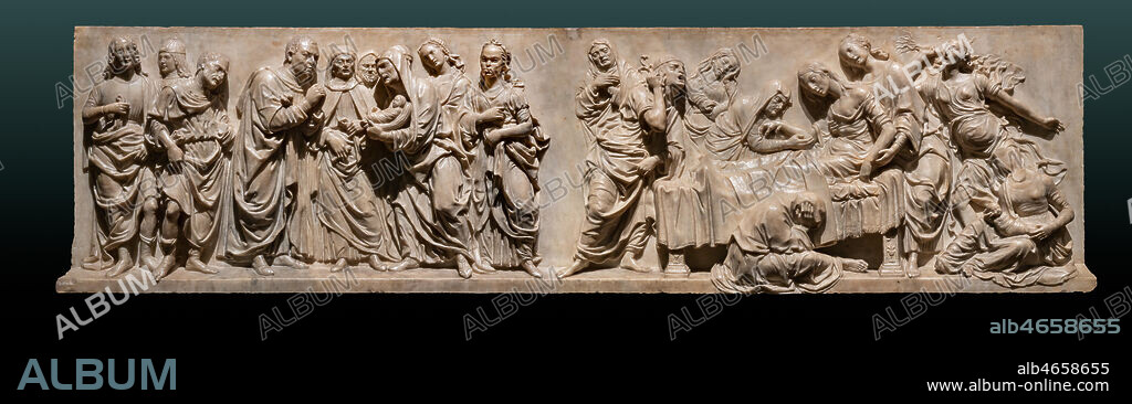"Death of Francesca Pitti Tornabuoni", 1480, by Francesco di Simone Ferrucci (1437-1493), marble relief. On the left, detail of the baby, who survived his mother died during the childbirth, presented to his father. On the right, Detail of the youg woman died during the childbirth and one grieving attendant who cradles the baby in her lap.