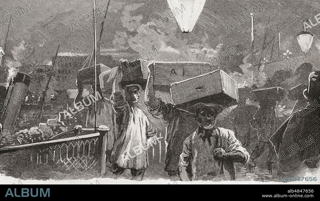 5 A.M. in Billingsgate Fish Market, London, England in the 19th century.  This market building was opened in 1877, the fish was brought in boats to the open river front and landed in baskets or boxes, it was sold first to the wholesale and then the retail.