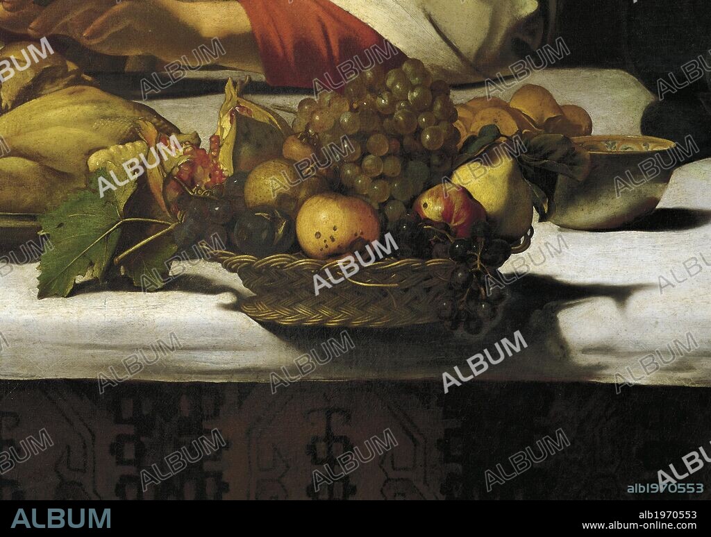 Basket of fruit, detail from the Supper at Emmaus, 1602, by  Michelangelo Merisi da Caravaggio (1571-1610), oil on canvas, 141x196.2 cm.