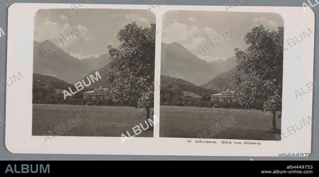 View of a building at Interlaken Interlaken. Blick vom Höheweg (title on object), facade (or house or building), mountains, Neue Photographische Gesellschaft (mentioned on object), Bern, 1906, cardboard, photographic paper, gelatin silver print, h 88 mm × w 179 mm.