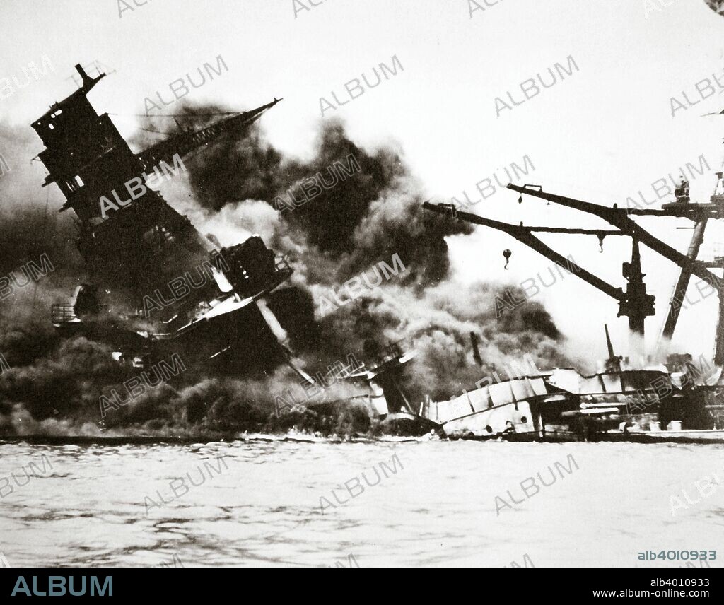 Battleship USS 'Arizona' (BB-39) sinking during the attack on Pearl Harbour, 1941. The Japanese Navy launched a surprise attack on the US military facilities at Pearl Harbour on the morning of 7 December 1941 using bombers launched from aircraft carriers. The attack succeeded in sinking 4 battleships and damaging 4 others, and destroyed 188 aircraft. The 'Arizona' sank after her forward magazine exploded. 2345 servicemen lost their lives in the attack (1177 on board the 'Arizona') along with 57 civilians. President Roosevelt denounced the attack as a day that will live in infamy and Congress declared war on Japan.