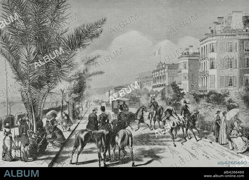 Francia. Niza. El Paseo de los Ingleses, punto de reunión de la sociedad aristocrática europea, en la estación de invierno. Grabado por Arturo Carretero. La Ilustración Española y Americana,15 de febrero de 1881.