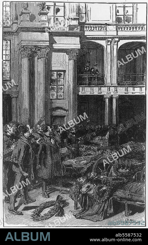 Revolution 1848/49: Straßenkämpfe in Berlin am 18./19. März 1848. "Die Toten im Schloßhofe zu Berlin". (19. März; die Menge verlangt von König Friedrich Wilhelm IV., die aufgebahrten Leichen der Gefallenen zu ehren). Holzstich, 1891. Aus: M.Reymond, Panorama der Weltgeschichte, Berlin (U.Meyer) o. J.
