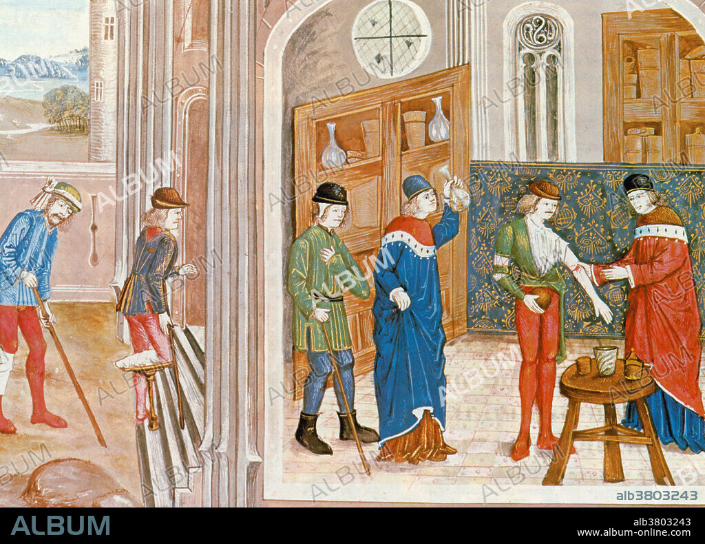 15th century French illustration of patients waiting to be treated. Two common practices of the time can be seen -- bloodletting and urine analysis.