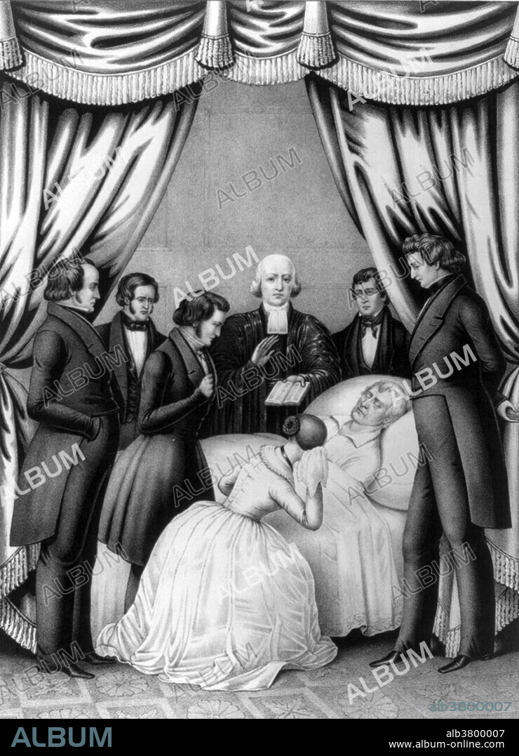 Harrison on his death bed, 1841. William Henry Harrison (February 9, 1773 - April 4, 1841) was the ninth President of the USA (1841), an American military officer, the last President born before the Declaration of Independence, and the first president to die in office. He gained national fame for leading US forces against American Indians at the Battle of Tippecanoe in 1811. As a general in the War of 1812, his most notable action was in the Battle of the Thames in 1813, which brought an end to hostilities in his region. After the war, he moved to Ohio, where he was elected to the US House of Representatives, and in 1824 he became a member of the Senate. He served a truncated term before being appointed as Minister Plenipotentiary to Colombia in May 1828. He was nominated for the presidency in 1836. Defeated, he retired again to his farm before being elected president in 1840. He died on his 32nd day in office of complications, at the age of 68, from pneumonia, serving the shortest tenure in US presidential history. His death sparked a brief constitutional crisis, but that crisis ultimately resolved many questions about presidential succession left unanswered by the Constitution until passage of the 25th Amendment.