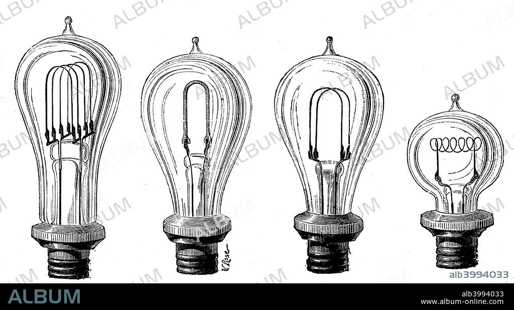 Edison's incandescent lamps showing various forms of carbon filament, 1883. Thomas Alva Edison (1847-1931), American physicist and inventor, produced the first successful electric light bulb. His first practicable carbon filament lamp used carbonised bamboo fibre. From Les Nouvelles Conquetes de la Science (The New Conquests of Science), by Louis Figuier. (Paris, 1883).