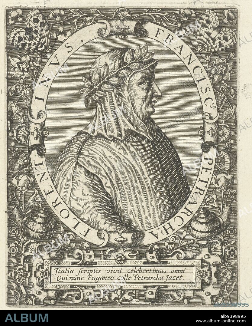 Portrait of the Italian poet Francesco Petrarch, in oval with edge lettering Below the portrait a poem of praise, Portrait of Francesco Petrarca Francis Petrarcha , print maker: Theodor de Bry, print maker: Johann Theodor de Bry, intermediary draughtsman: Jean Jacques Boissard, (possibly), Frankfurt am Main, c. 1597 - c. 1599, paper, engraving, letterpress printing, h 145 mm × w 115 mm.