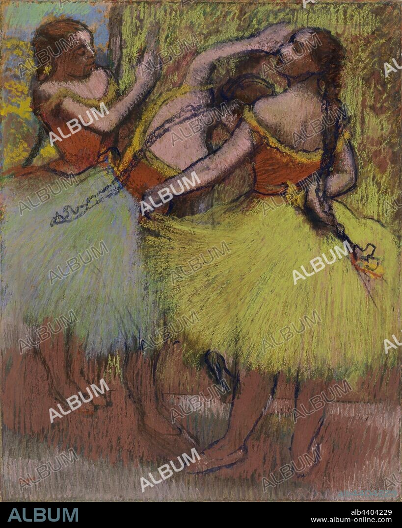 Edgar Degas: Three Dancers with Hair in Braids (Trois danseuses les cheveux en tresses), Edgar Degas, c. 1900, Pastel and charcoal on wove paper, Edgar Degas had a subscription to the Paris opera, where he studied its corps of ballerinas, capturing them in intimate moments backstage—stretching, adjusting their costumes, rubbing their feet. Rather than duplicate the illusion of effortlessness we see on stage, Degas presents ballet as hard, grueling work. For these subjects, he often worked in pastel since the crayon's chalky texture was ideally suited to capturing the light, gauzy fabric of the tutus., Overall: 25 5/8 x 20 9/16 in. (65.1 x 52.2 cm).