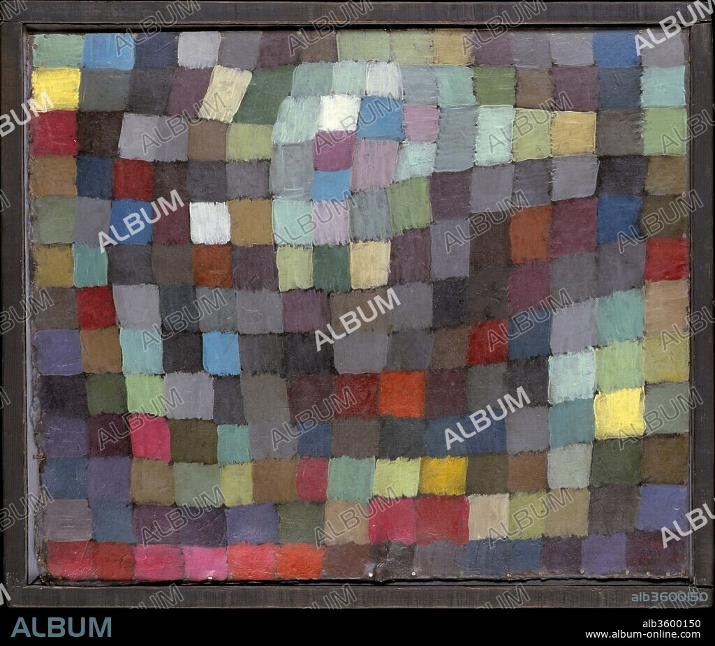 May Picture. Artist: Paul Klee (German (born Switzerland), Münchenbuchsee 1879-1940 Muralto-Locarno). Dimensions: 16 5/8 x 19 1/2 in. (42.2 x 49.5 cm). Date: 1925.
This painting is from Klee's Magic Square series, which grew out of a visit to Tunisia in 1914. Klee embraced the full power of abstraction by fractioning the landscape into squares, which seem to extend beyond the edges of the painting. The squares themselves can be viewed as odd-shaped stones assembled to form a mosaic. The work also reveals Klee's preoccupation with color theory, which informed his teaching at the Bauhaus.