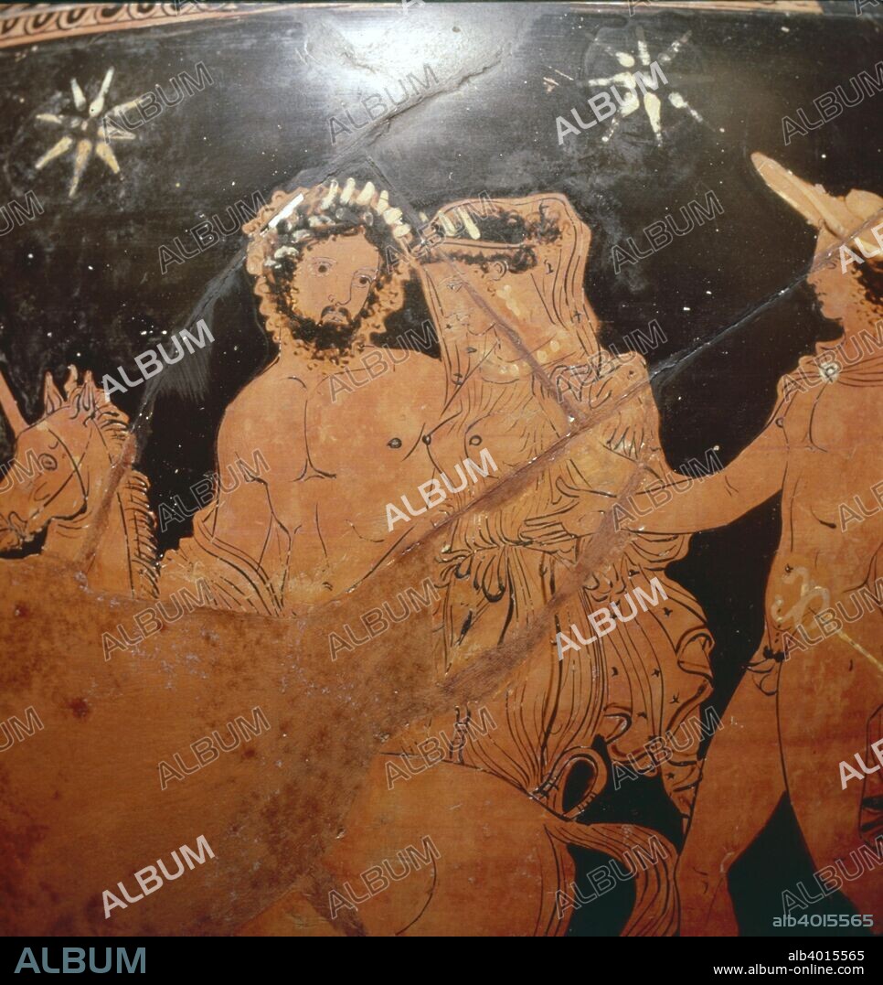 Hades carries off Persephone, detail of Red-figure Volute Krater, c380 BC. By the Iliupersis Painter Ornate Apulian style, held at British Museum. Red-figure vase painting is one of the most important styles of figural Greek vase painting. It developed in Athens around 530 B.C. and remained in use until the late 3rd century B.C.