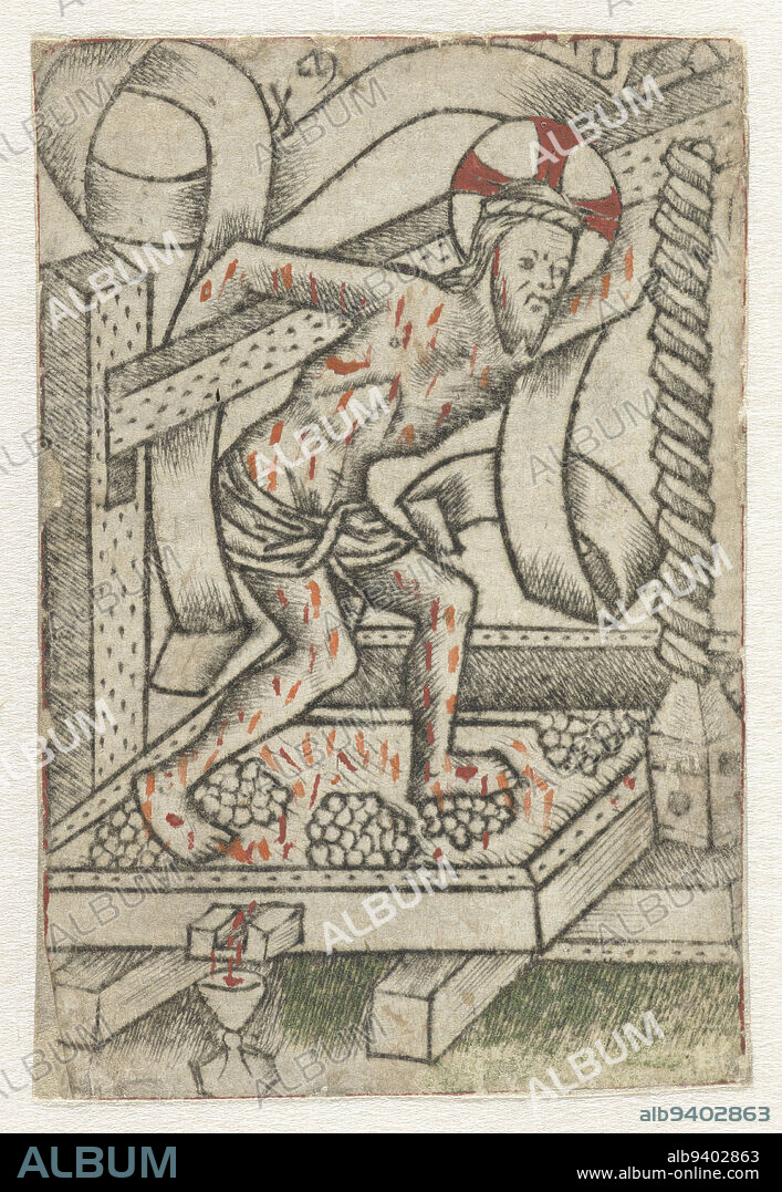 Christ standing on the grapes in the wine press, carrying part of the press on his back. Blood flows from the press into a chalice. A banner without inscription surrounds the figure of the Christ., Christ in the Wine Press, print maker: Meester van het Martyrium der Tienduizend, Germany, 1463 - 1467, paper, engraving, h 70 mm × w 48 mm.