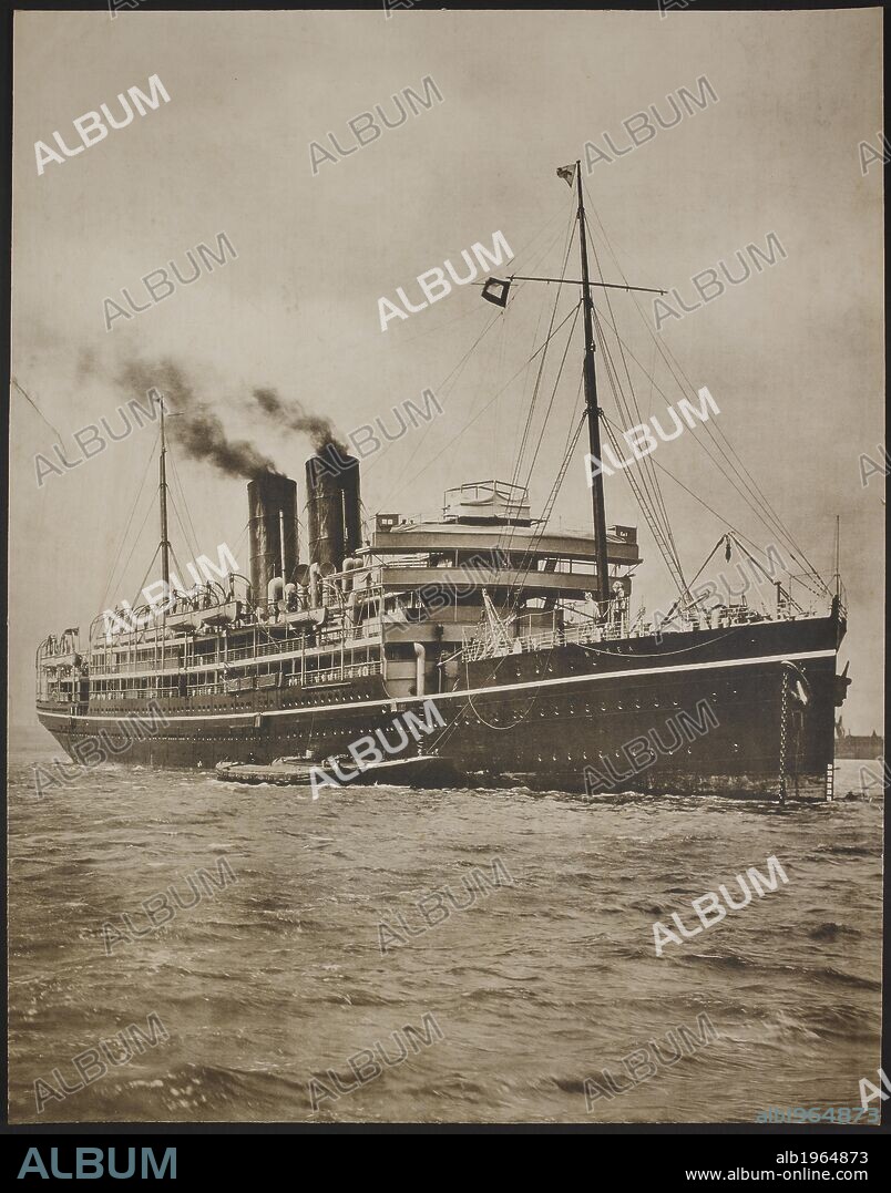 A passenger steamer. The S.S. Morea. c. 1900. Photograph of a passenger steamer. Depicts a steamship named 'Morea'. Built by Barclay Curle & Company Glasgow. Owner History: Peninsular & Oriental Steam Navigation Company. Launched on Saturday, 15/08/1908. Print 731x555mm.  1900's. Source: OIOC Photo 205/(1).