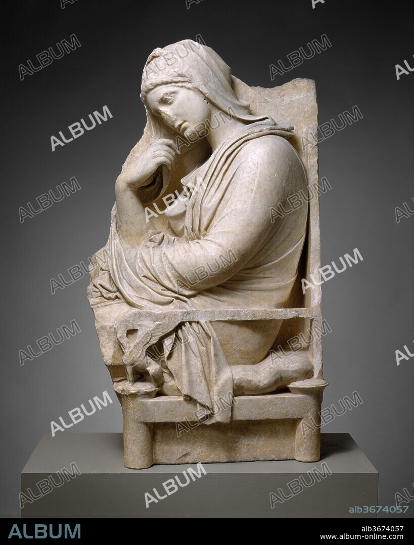 Marble stele (grave marker) of a woman. Culture: Greek, Attic. Dimensions: H. 48 1/16 in. (122 cm). Date: mid-4th century B.C..
This noble image of a woman brings to mind the philosopher Aristotle's description of commonly held beliefs about the dead: "In addition to believing that those who have ended this life are blessed and happy, we also think that to say anything false or slanderous against them is impious, from our feeling that it is directed against those who have already become our betters and superiors" (Of the Soul, quoted in Plutarch, A Letter to Apollonius 27).  Larger than life and seated on a thronelike chair, this figure assumes almost heroic proportions.