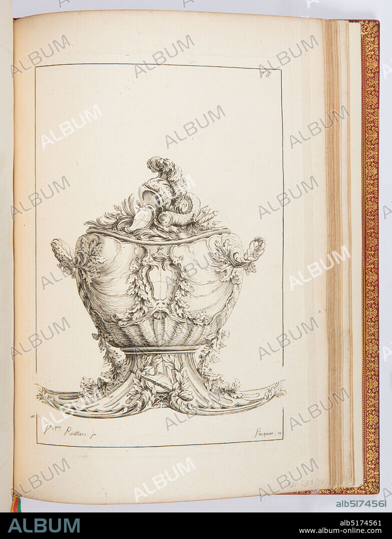 Pot à Oille (Soup Tureen), plate 78, in Elements d'Orfevrerie (Elements of Goldsmithing), Second Part, Jacques III Roëttiers, French, 170784, Jacques Jean Pasquier, French, died 1785, Etching on white laid paper, Tureen body, foot (shaped like fishtail), and lid made of shells ornamented with various kinds of leaves, handles made of twisted vines. At center, a crown and finial made of a plumed helmet, alongside a headless fish and arrows., France, 1748, metalwork, Print, Print.
