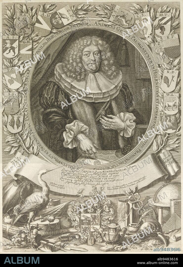 Portrait of Andreas Georg Paumgartner von Holenstein und Lonnerstadt, Jakob von Sandrart, after Johann Paul Auer, 1686, print maker: Jakob von Sandrart, (mentioned on object), after: Johann Paul Auer, (mentioned on object), Conrad Feuerlein, (mentioned on object), 1686, paper, engraving, etching, w 423 mm - h 316 mm.