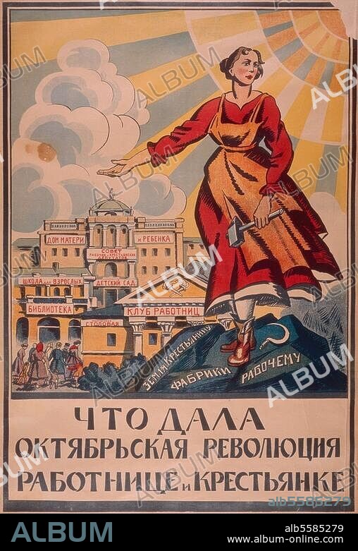 Sowjetunion, 20er Jahre. "Was gab die Oktoberrevolution den Arbeitern und Bauern: Schulen für Erwachsene, Arbeiterklubs, Bibliotheken (...) ". Propagandaplakat, um 1925.