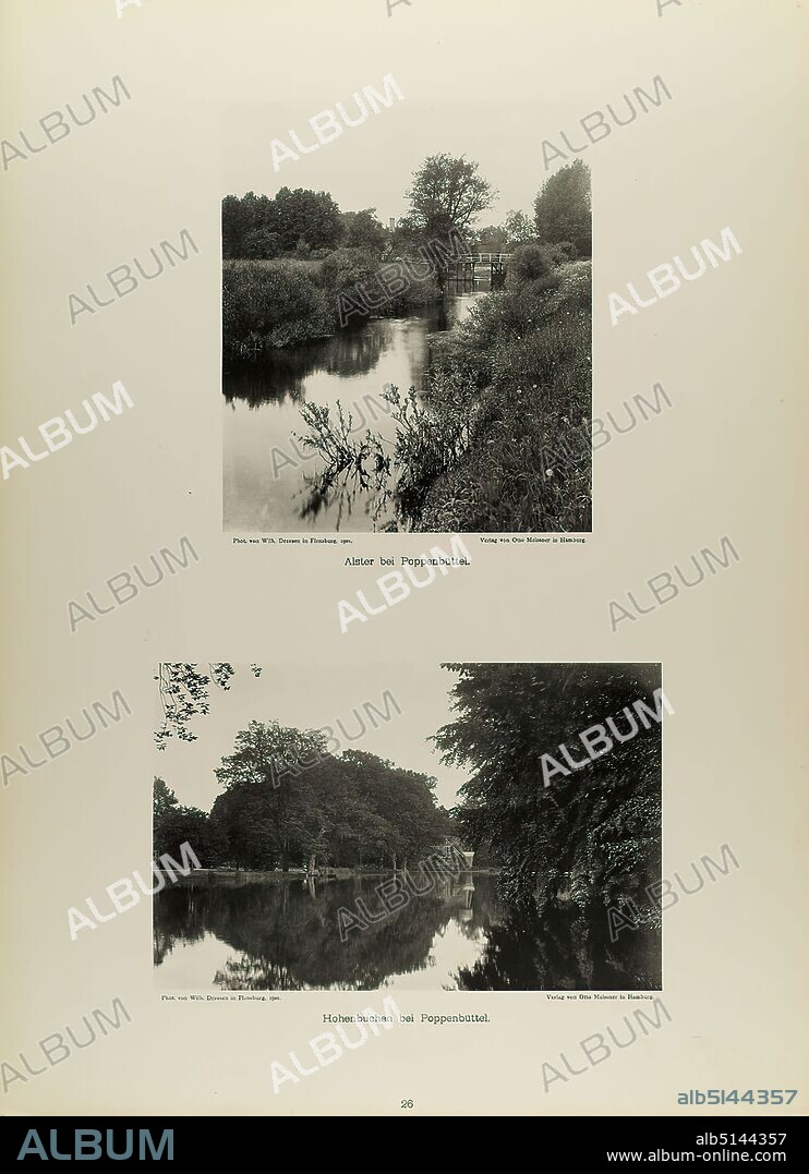 Wilhelm Dreesen, Otto Meissner, Alster near Poppenbüttel and Hohenbuchen near Poppenbüttel from the portfolio Neue malerische Bilder aus der Freien und Hansestadt Hamburg und ihrer Umgebung, Staatliche Landesbildstelle Hamburg, Collection on the history of photography, paper, collotype, Total: Height: 48,00 cm; Width: 35,00 cm, inscribed: recto u. Photographer, Publisher and title, travel photography, reporting photography, landscape with plants, waters.
