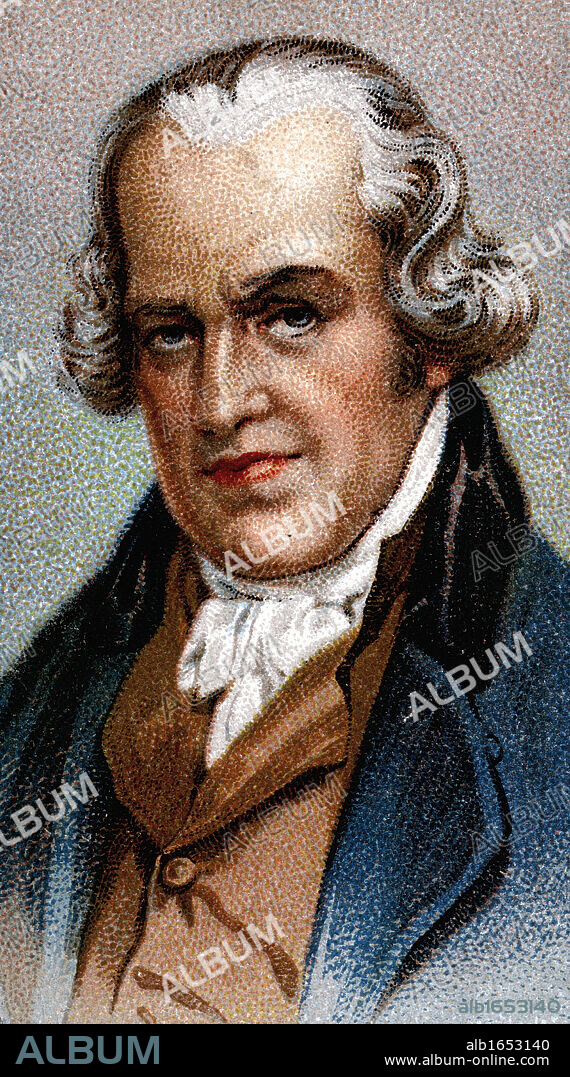 James Watt (1736-1819) Scottish engineer and inventor. Condensing steam engine. Chromolithograph.