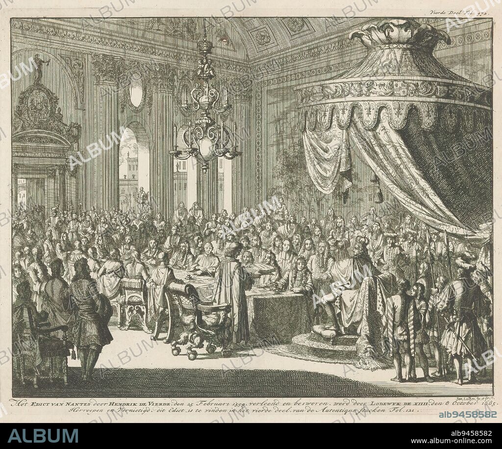 Revocation of the Edict of Nantes, 1685, The Edict of Nantes by Henry the Fourth. den 25 February 1599. granted and sworn to. was revoked and annulled by Lodewyk the XII, den 8 October 1685, Revoked and annulled (...) (title on object), Revocation of the Edict of Nantes by Louis XIV, 8 October 1685. View of a full throne room, with the king on his throne under a large canopy on the right. In front of him a table around which a group of men are seated, a standing man reads out the destruction of the edict. Print marked top right: Fourth Volume Fol. 472., print maker: Jan Luyken, (mentioned on object), after own design by: Jan Luyken, (mentioned on object), Amsterdam, 1696, paper, etching, height 293 mm × width 365 mm.