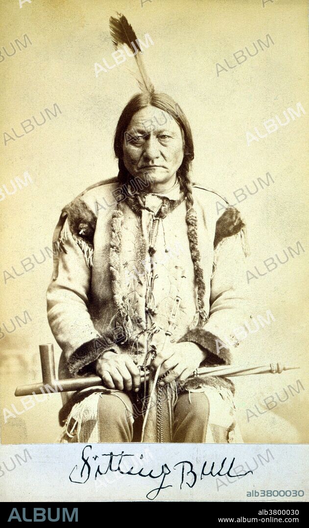 Sitting Bull, holding peace pipe, photographed and published by Palmquist & Jurgens, 1884. Sitting Bull (1831 - December 15, 1890) was a Hunkpapa Lakota holy man who led his people as a tribal chief during years of resistance to US government policies. Before the Battle of the Little Bighorn, Sitting Bull had a vision in which he saw the defeat of the 7th Cavalry under Custer on June 25, 1876. Months after their victory at the battle, Sitting Bull and his group left the US for the North-West Territories (now Saskatchewan), where he remained until 1881, at which time he and most of his band returned to US territory and surrendered to US forces. After working as a performer with Buffalo Bill's Wild West show, he returned to the Standing Rock Agency in South Dakota. Because of fears that he would use his influence to support the Ghost Dance movement, Indian Service agent James McLaughlin at Fort Yates ordered his arrest. During an ensuing struggle between Sitting Bull's followers and the agency police, Sitting Bull was shot in the side and head by Standing Rock policemen Lieutenant Bull Head and Red Tomahawk. His body was taken to nearby Fort Yates for burial. In 1953, his Lakota family exhumed what were believed to be his remains, reburying them in Mobridge, South Dakota near his birthplace.