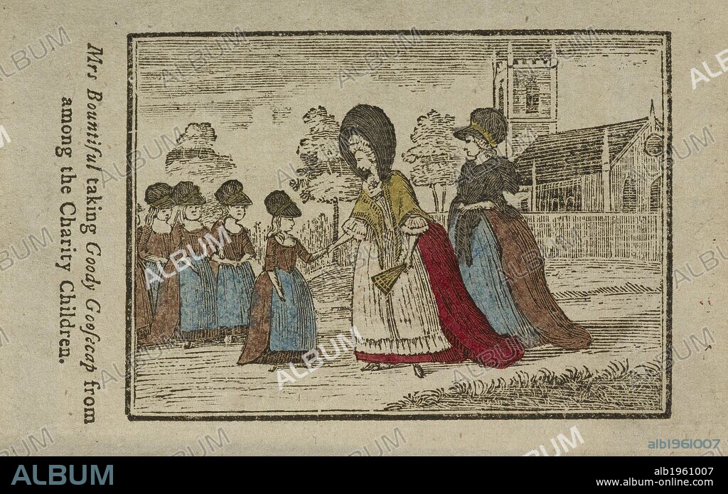 Mrs. Bountiful taking Goody Goosecap from among the Charity Children. Tale for children. Illustration on frontispiece. . The Orphan; or, the entertaining history of little Goody Goosecap ... by Toby Teachem.]. London, 1786. Source: CH.780/12 frontispiece. Language: English.