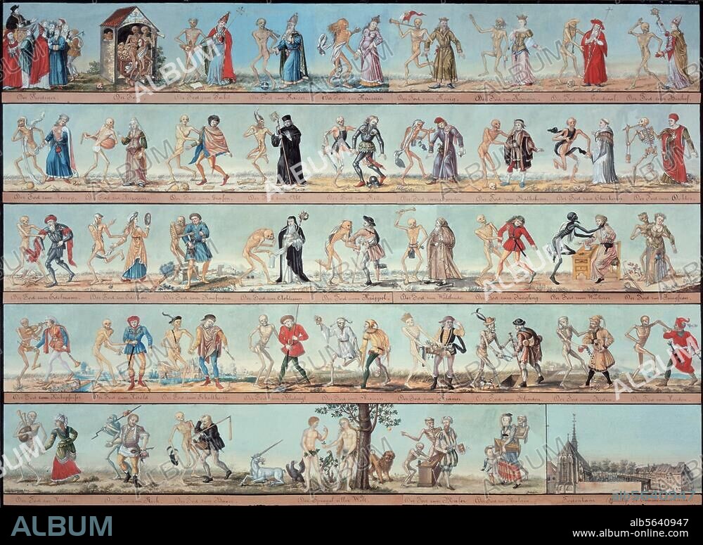 Man / Death / Dance of Death. The Basel dance of death. Watercolour, 1806, by Johann Rudolf Feyerabend (1779-1814). Copy after the destroyed frescos, c. 1440, from the cemetery of the Predigerkirche (predicant church) in Basel. Basel, Historisches Museum Basel.