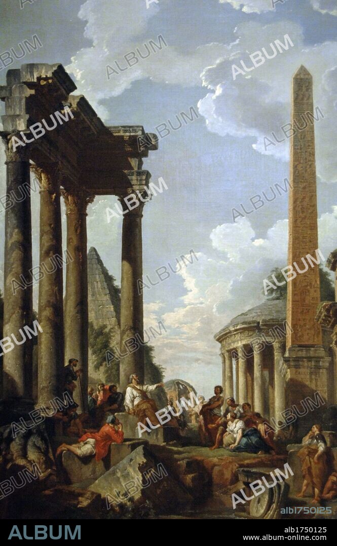 GIOVANNI PAOLO PANNINI. Giovanni Paolo Panini (1691-1765). Italian painter. Architectural Capriccio with a Preacher in Roman Ruins. 1745-1750. Museum of Louvre. Paris. France.