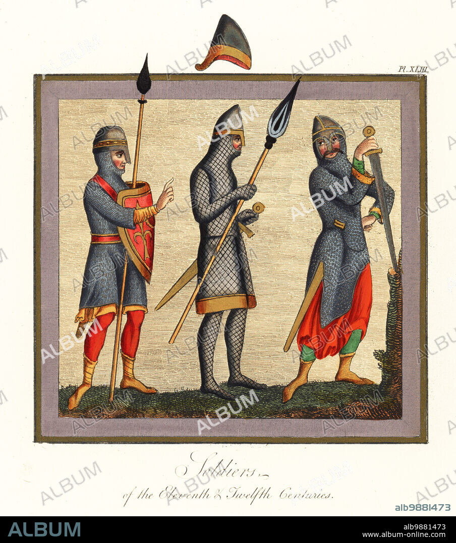 Norman soldiers in nasal helmet, chain-mail armour, 11th/12th centur. Man with shield and lance from Harley MS 6064 Y vi, soldier in mascled (diamond plate) armour lorica from MS Douce 293 f.13v, and soldier with scabbard inside his hauberk from the Winchester Psalter, Cotton MS Nero C iv. Norman soldiers of the 11th and 12th centuries. Handcoloured engraving by Joseph Strutt from his Complete View of the Dress and Habits of the People of England, Henry Bohn, London, 1842.