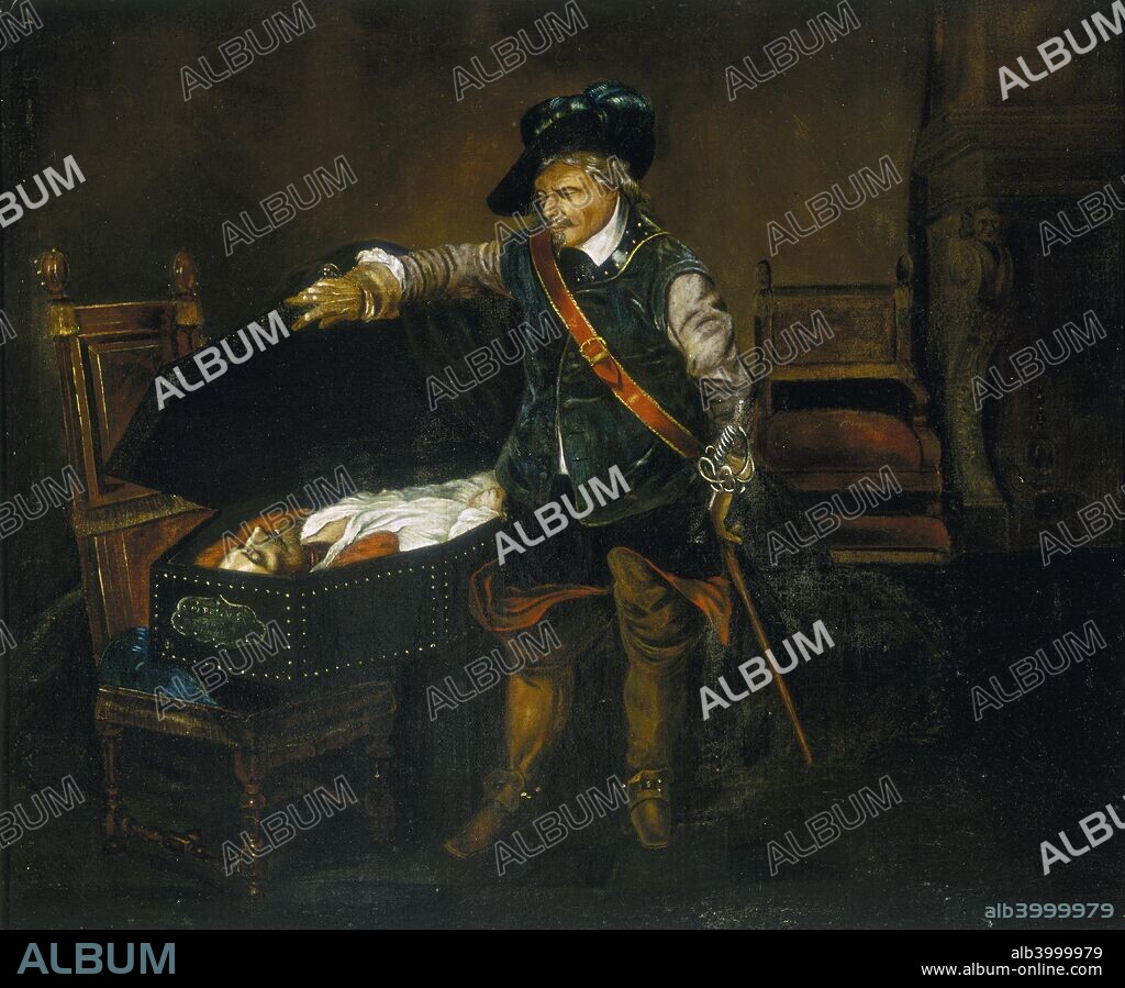 'Cromwell Gazing at the Body of Charles I', after 1850. Oliver Cromwell, the Lord Protector, gazes at the body of the king. The scene depicted is meant to have taken place shortly after the public execution by beheading of Charles I on 30th January 1649.