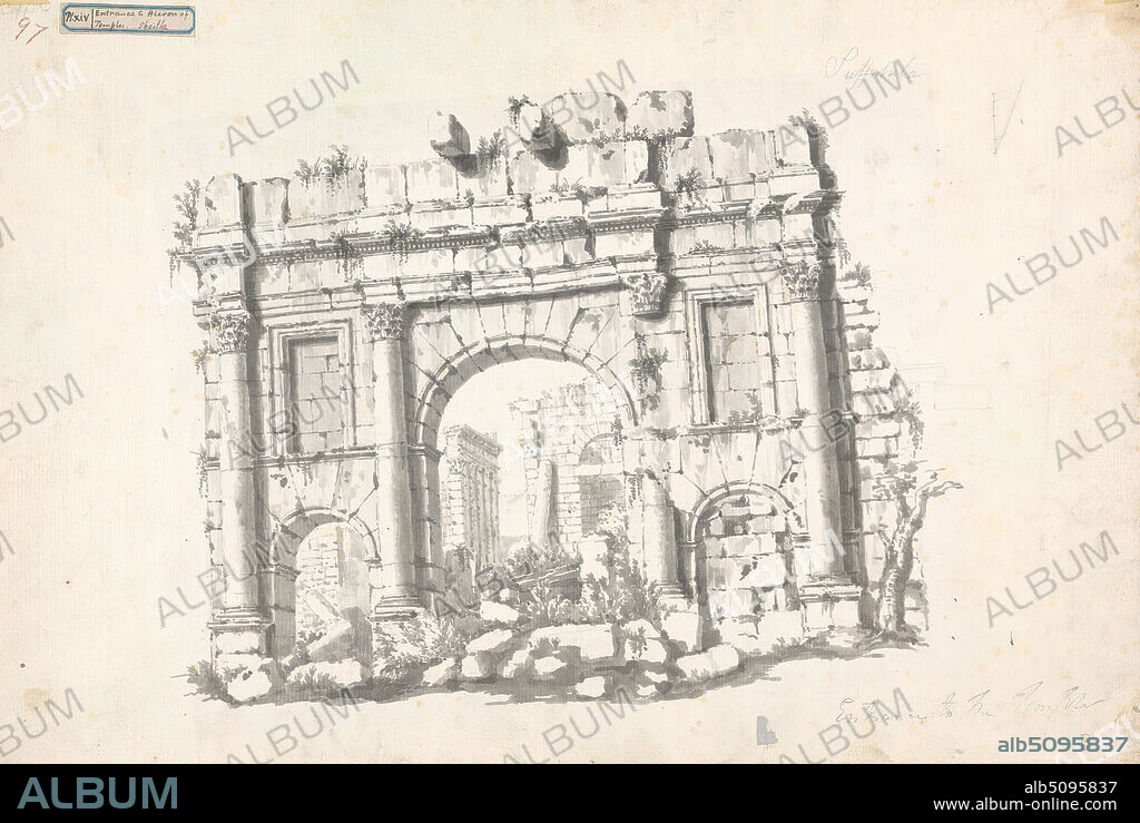 Pl. VIII Temple of Jupiter at Tebessa, James Bruce, 17301794, British, undated, Graphite, pen and black ink, red pencil, gray wash on moderately thick, moderately textured, cream laid paper, Sheet: 14 1/4 × 21 1/2 inches (36.2 × 54.6 cm), architectural subject.