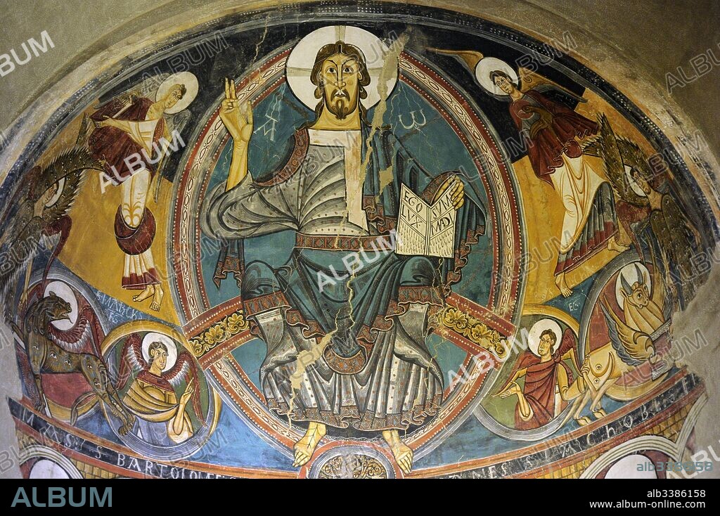 Master of Taull. Apse of Sant Climent de Taull, 1123. Romanesque. Fresco depicting Christ in Majesty in the mandorla and the Tetramorph. Fresco transferred to canvas. From the Church of Sant Climent de Taull, province of Lleida. National Museum of Art of Catalonia (MNAC). Barcelona. Catalonia. Spain.