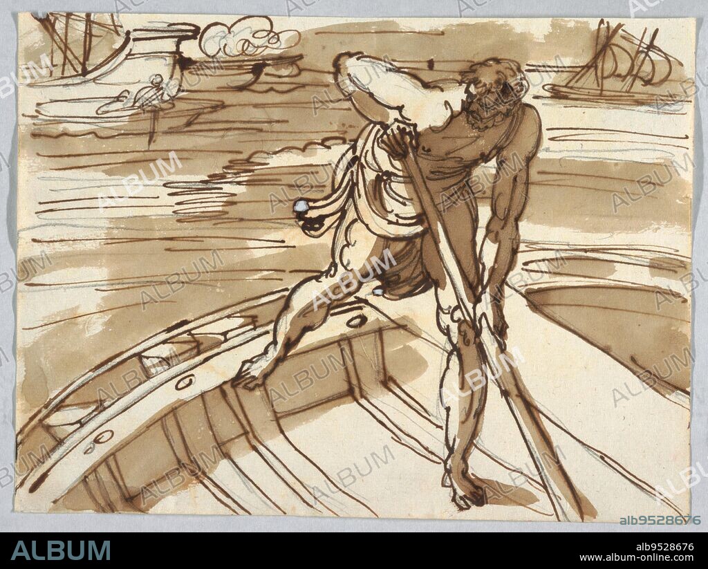 FELICE GIANI and RAPHAEL (after). A young man in a boat, his weight on one foot. Water with ships in background. Date: ca. 1820. Pen and brown ink (iron gall ink) on off white laid paper.