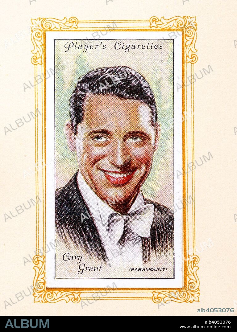 Cary Grant, 1934. Cary Grant (born Archibald Alexander Leach; January 18, 1904 - November 29, 1986) was a British-American actor, known as one of classic Hollywood's definitive leading men.  From An Album of Film Stars; Second Series issued by John Player & Sons. [Imperial Tobacco & Co Ltd, 1934].