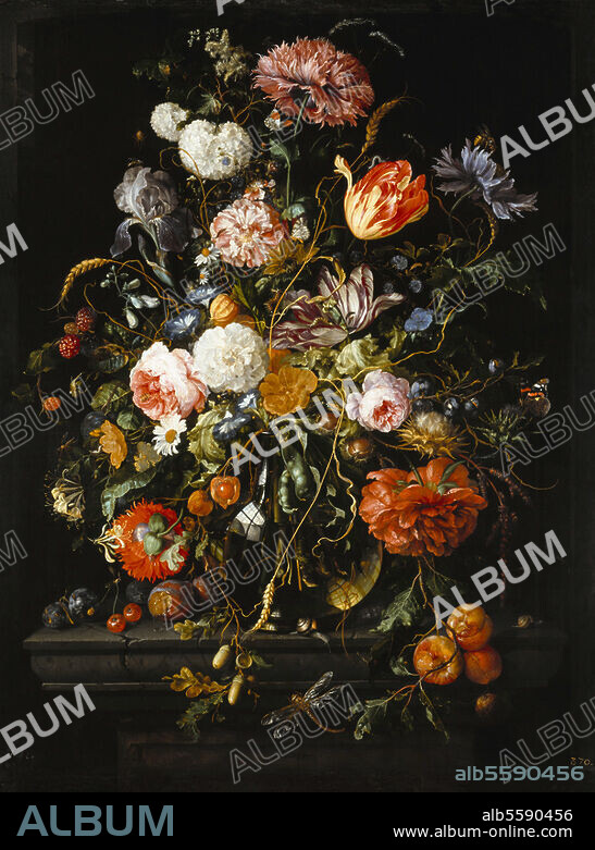 JAN DAVIDSZ DE HEEM. Heem, Jan Davidsz de. 1606-1683/84. "Fruit next to a Vase". Oil on canvas, 100 × 75.5cm. Dresden, Gemäldegalerie, Alte Meister.