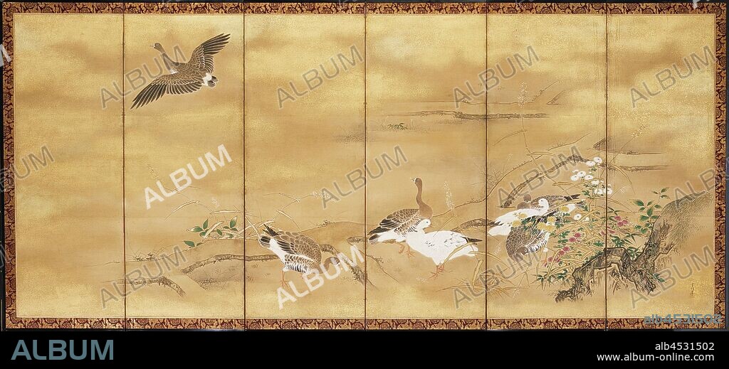 Kano Tsunenobu, Japanese, 1636-1713, Reeds and Geese, 17th century, ink, color paint on paper, Overall (fully open): 73 1/8 × 159 1/2 inches (185.7 cm × 4 m 5.1 cm).