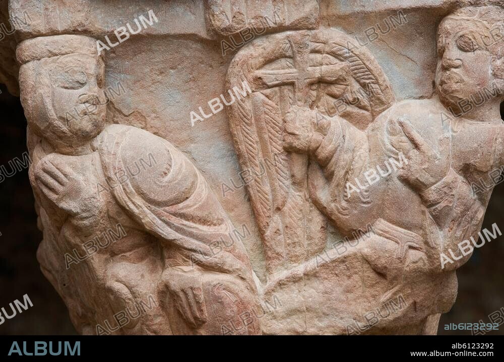 San Juan de la Peña (Sierra de la Peña, Prov.Huesca, Aragonien), Kloster / Monasterio San Kloster San Juan de la Peña (Benediktinerkloster; erbaut 10./ 12.Jh.), Kreuzgang / Claustro románico.-Kapitell: Verkündigung an Maria.-/ Skulptur, 2.Hälfte 12.Jh., Meister von San Juan de la Peña. / Foto, 2007. Aus der Serie: Sites clunisiens.