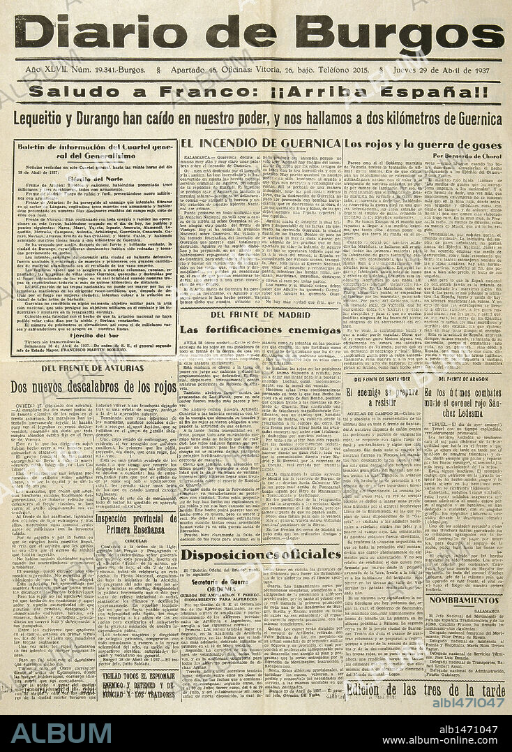PORTADA DEL "DIARO DE BURGOS" del 29 de abril de 1937 con noticias sobre el curso de la Guerra Civil Española.