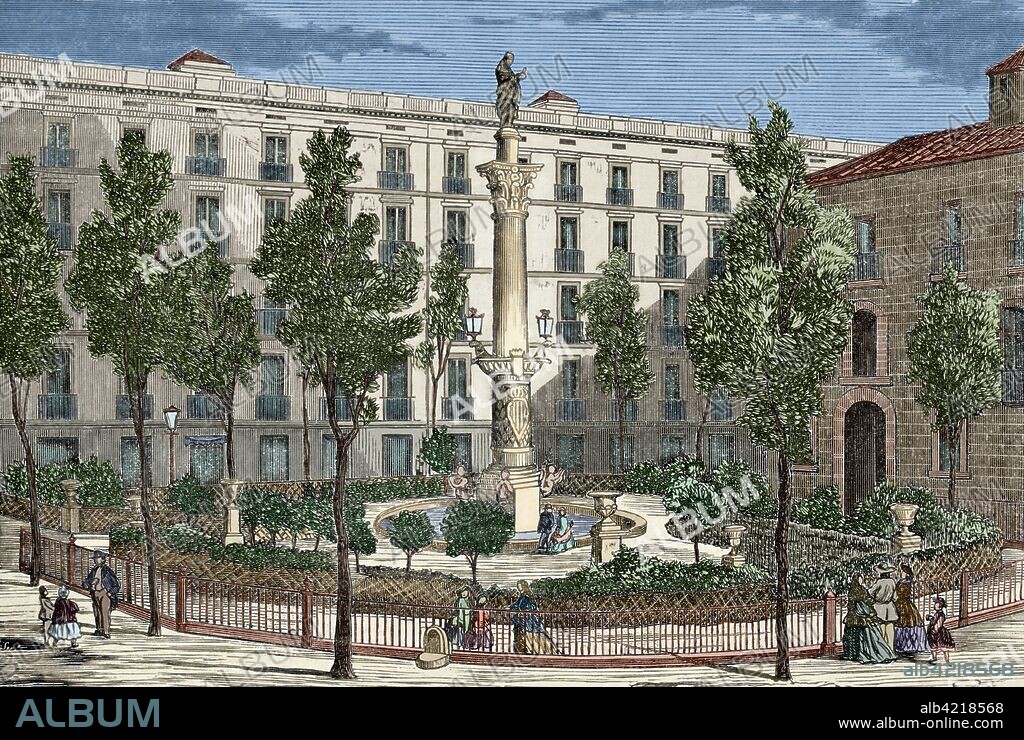 Barcelona. Cataluña, España. Vista de la Plaza del Duque de Medinaceli, con el monumento central a A. Galceran Marquet, 1851. Grabado. Coloreado. Crónica General de España, Historia Ilustrada y Descriptiva de sus Provincias. Cataluña, 1866.