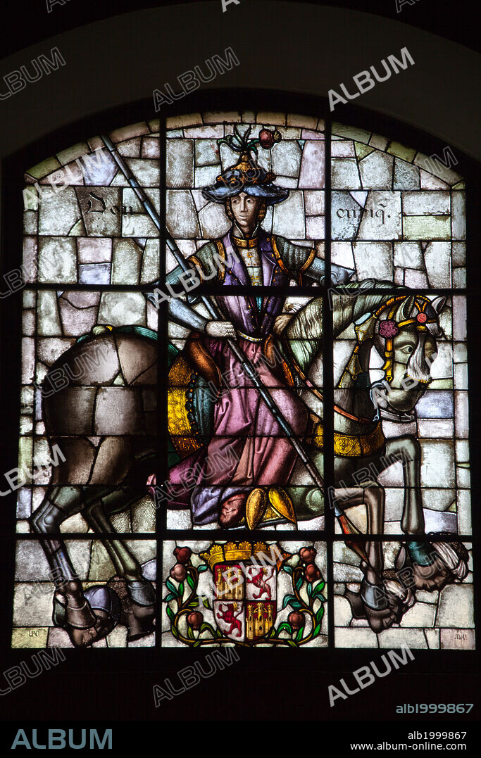 Spain, Segovia, Alcazar, Stained Glass Window, Knight on Horseback . The Alcazar was originally built as an Arab fortress, probably in the 12th century. Throughout the Middle Ages (13th-16th centuries), the majority of the current building was constructed and the palace was extended on a large scale by the monarchs of the Trastamara dynasty.