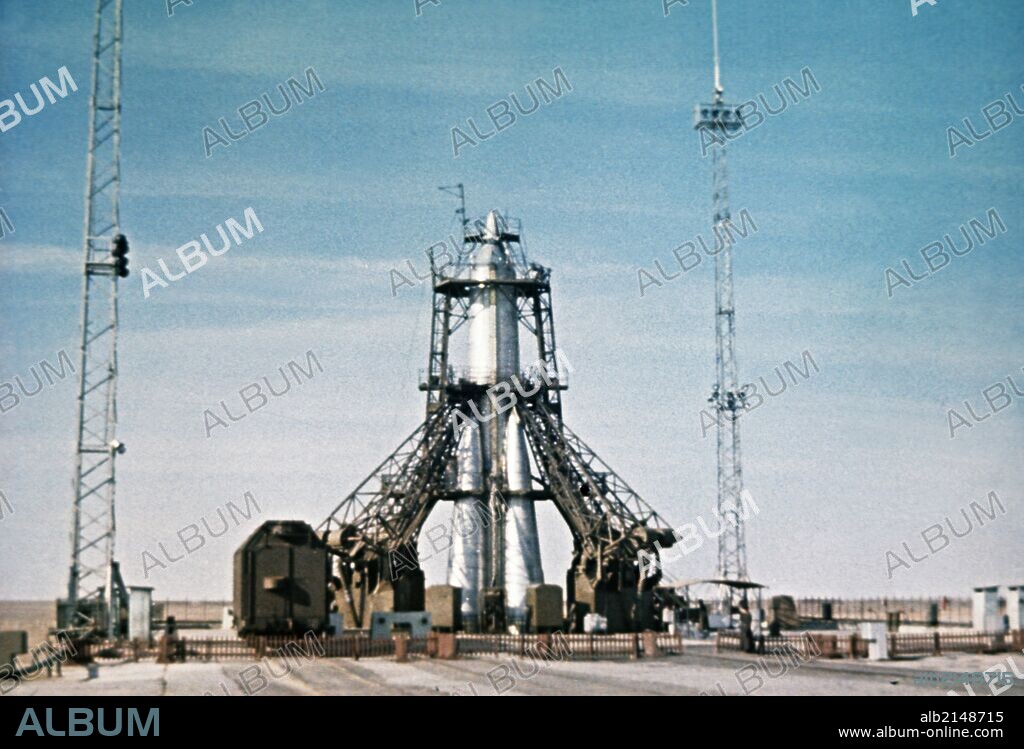 Vostok rocket carrying the sputnik 1 satellite on the launch pad in 1957, this is a still from a soviet film of the launch. 01/02/2013